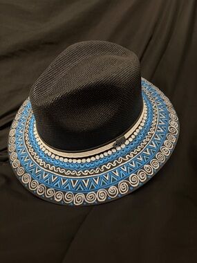 Roan Hand Painted Black Hat with Blue and White Aztec Pattern